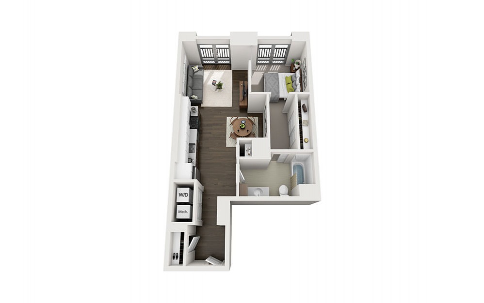 1x1 B - 1 bedroom floorplan layout with 1 bath and 680 square feet.