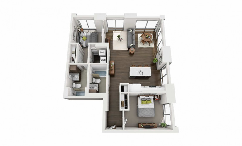 2x2 A - 2 bedroom floorplan layout with 2 bathrooms and 1070 square feet