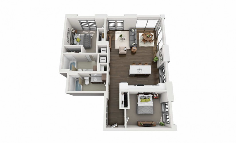 2x2 Penthouse A - 2 bedroom floorplan layout with 2 bathrooms and 1080 square feet