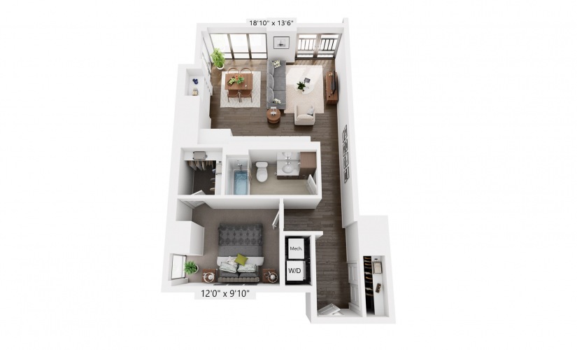1x1 A - 1 bedroom floorplan layout with 1 bathroom and 793 square feet