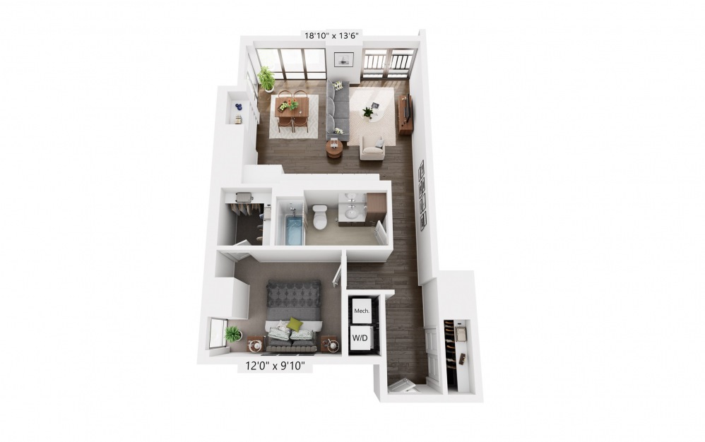 1x1 A - 1 bedroom floorplan layout with 1 bath and 793 square feet.