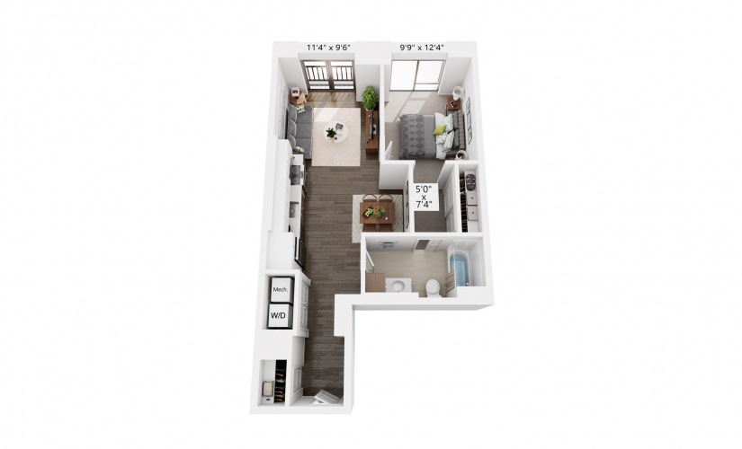1x1 B - 1 bedroom floorplan layout with 1 bathroom and 680 square feet