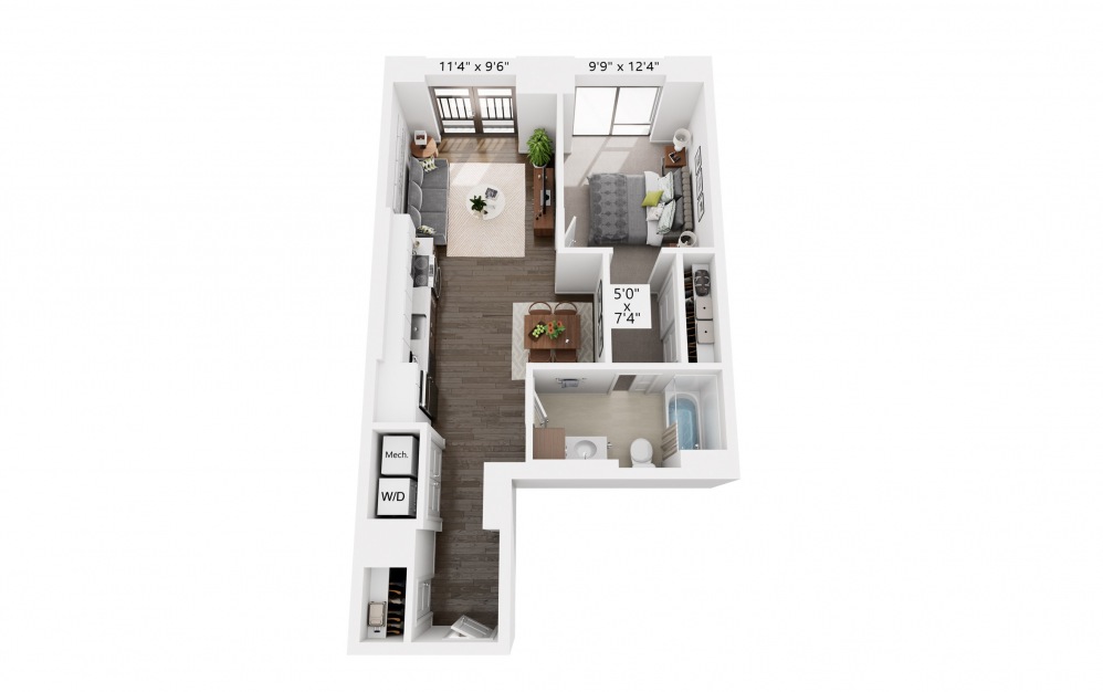 1x1 B - 1 bedroom floorplan layout with 1 bath and 680 square feet.
