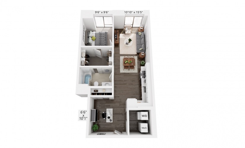 1x1+Den A - 1 bedroom floorplan layout with 1 bathroom and 748 square feet