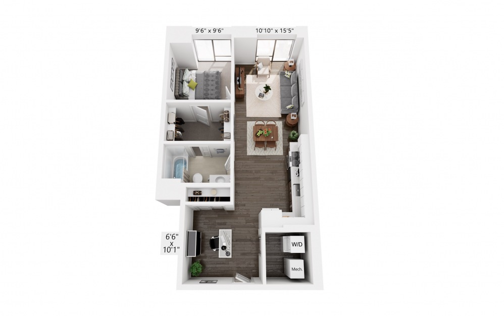 1x1+Den A - 1 bedroom floorplan layout with 1 bath and 748 square feet.