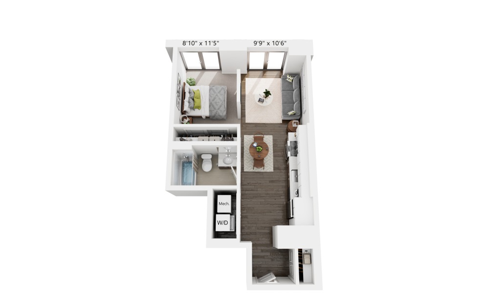 1x1 Urban - 1 bedroom floorplan layout with 1 bathroom and 586 square feet