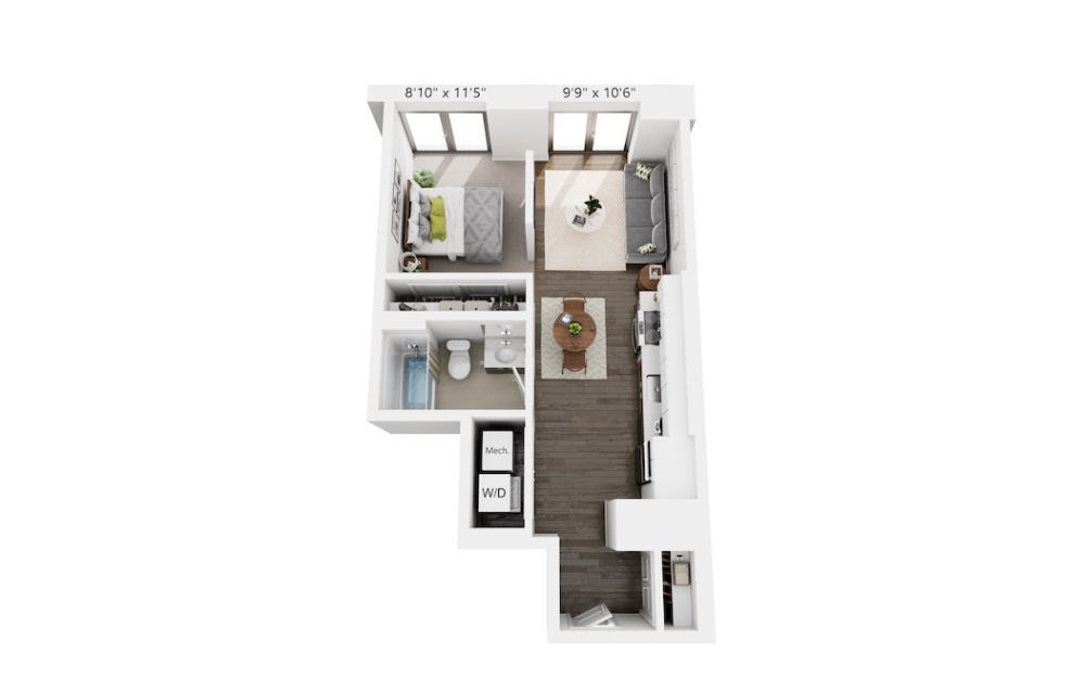 1x1 Urban - 1 bedroom floorplan layout with 1 bathroom and 586 square feet