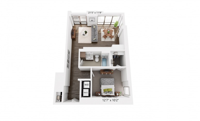 1x1 Penthouse B - 1 bedroom floorplan layout with 1 bathroom and 751 square feet