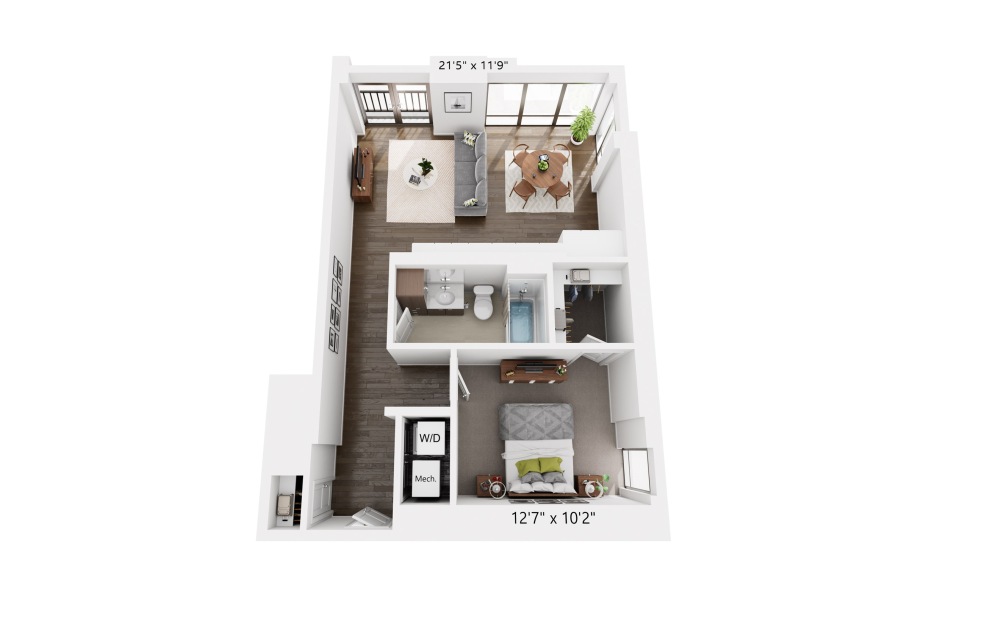 1x1 Penthouse B - 1 bedroom floorplan layout with 1 bathroom and 751 square feet