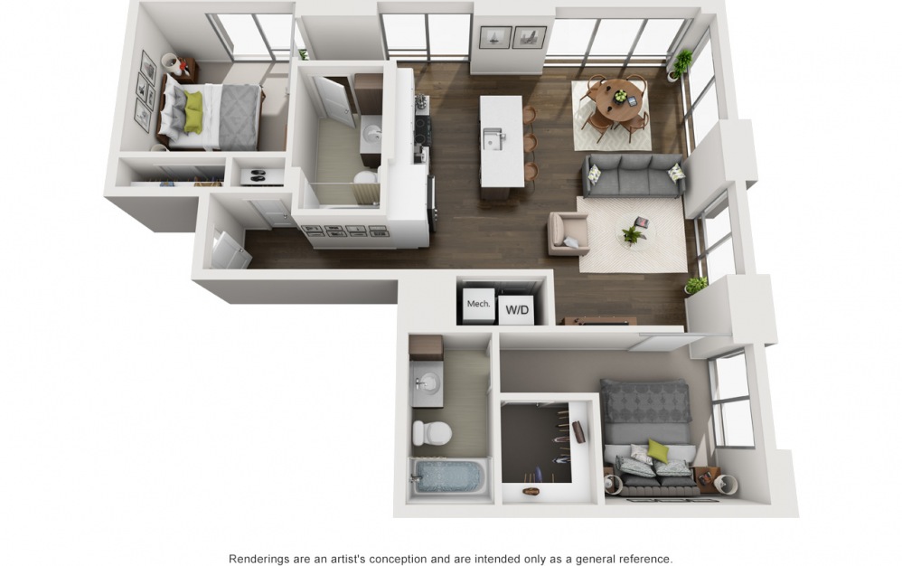 2x2 B - 2 bedroom floorplan layout with 2 baths and 1069 square feet.