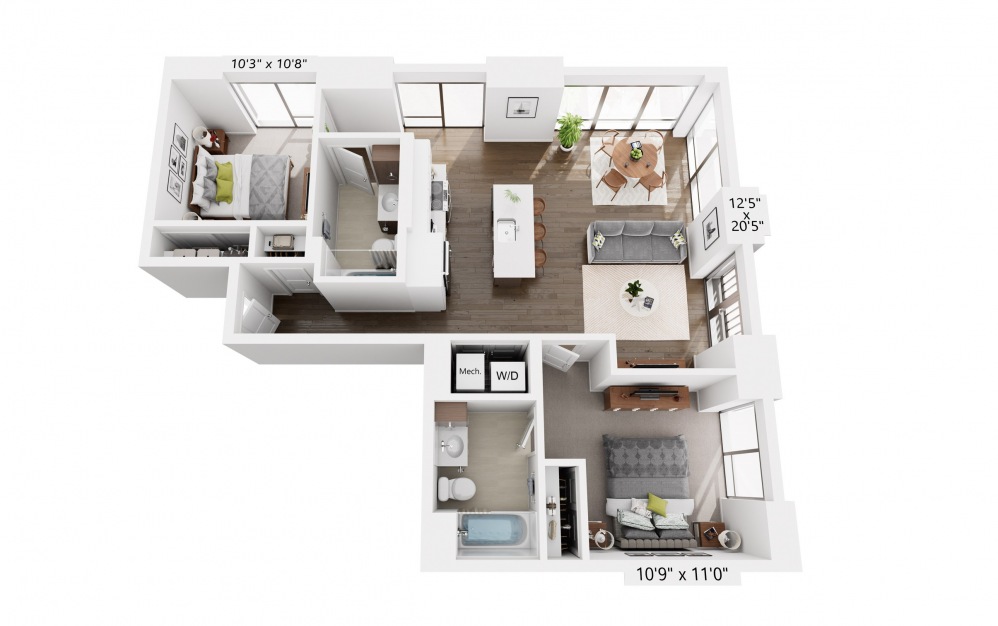 2x2 B - 2 bedroom floorplan layout with 2 baths and 1069 square feet.