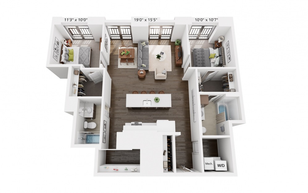 2x2 Penthouse C - 2 bedroom floorplan layout with 2 baths and 1185 square feet.