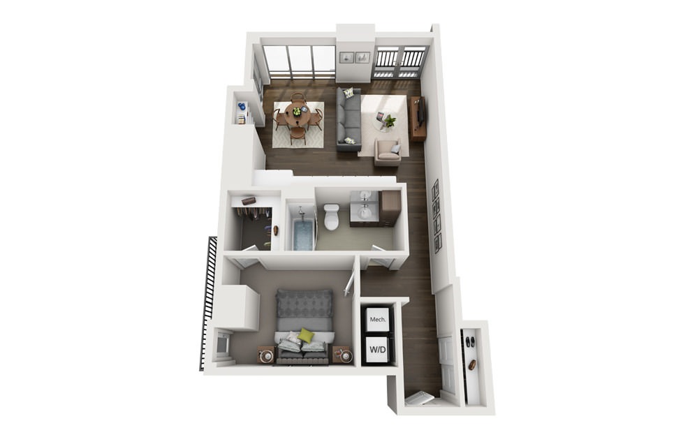 1x1 A - 1 bedroom floorplan layout with 1 bath and 793 square feet.