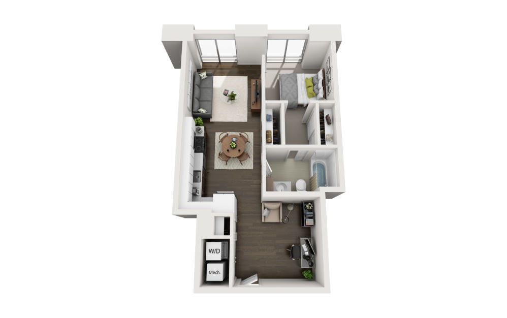 1x1+Den C - 1 bedroom floorplan layout with 1 bath and 744 square feet. 1x1+Den C - 1 bedroom floorplan layout with 1 bath and 744 square feet.