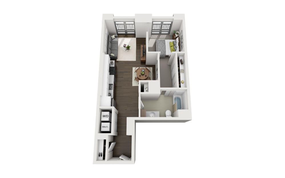 1x1 E - 1 bedroom floorplan layout with 1 bath and 679 square feet.