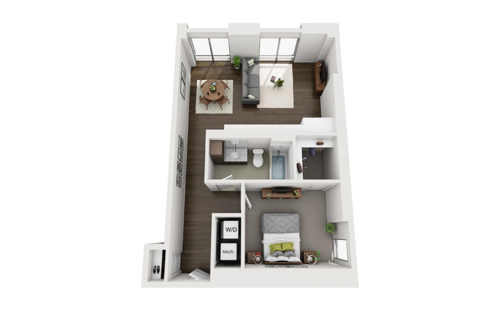 1x1 Penthouse B - 1 bedroom floorplan layout with 1 bath and 751 square feet.
